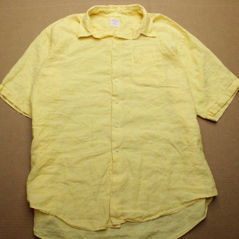 Vintage Brooks Brothers 100% Linen Button Down Shirt Men XXL Yellow Short Sleeve